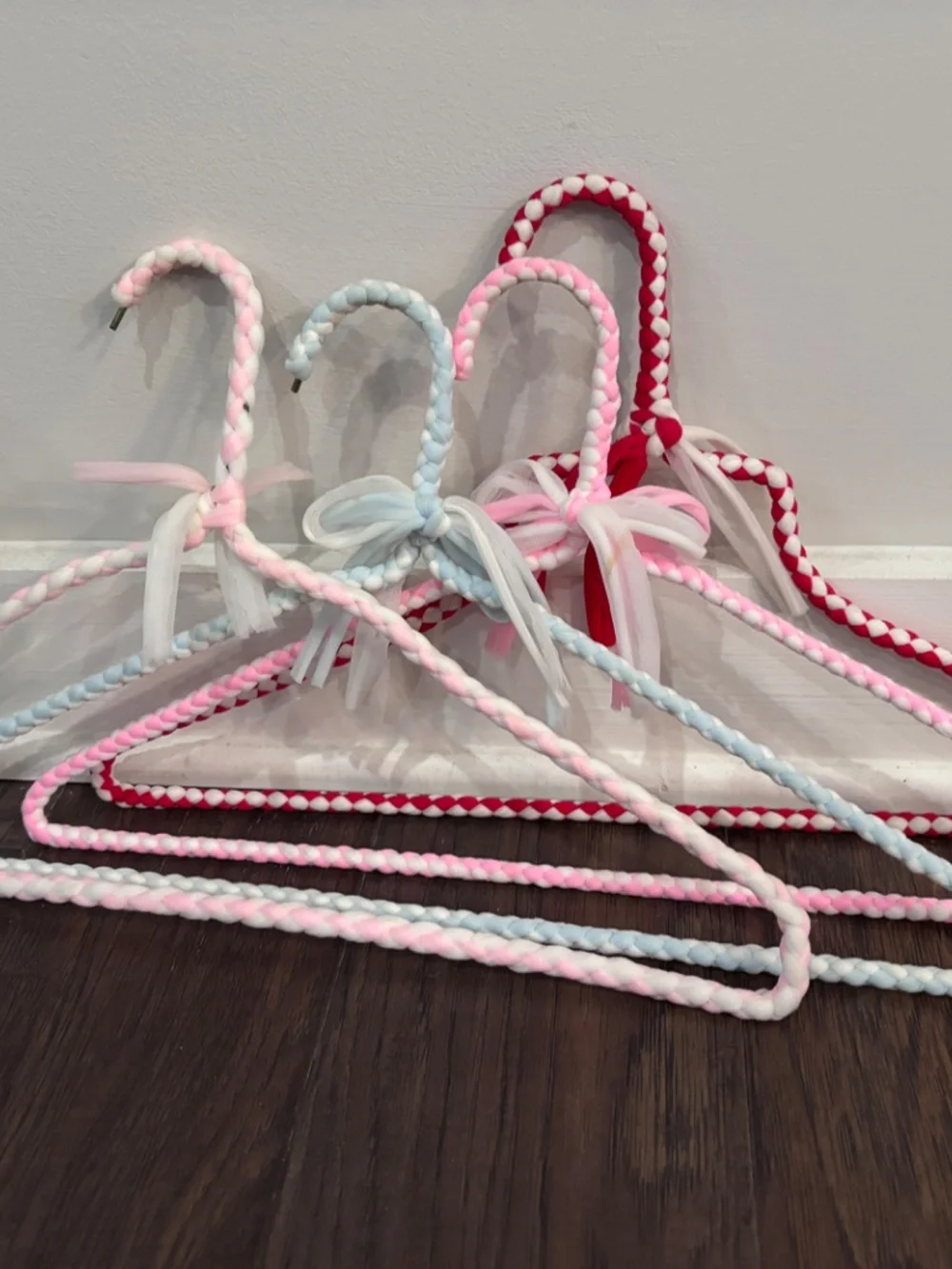 4 Ribbon Fabric Braided Hangers Vintage Blue Pink Red Closet Decor Grandmacore